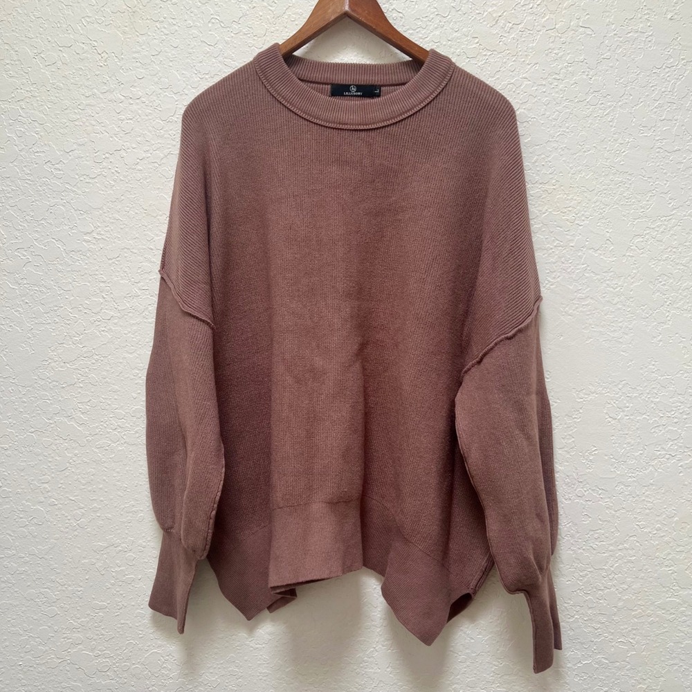 Women Oversized Crewneck Sweater Brown Lantern Sleeve Large Granola Cozy Slouchy